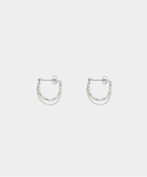 Pearl Chain Hoop Earrings - Silver
