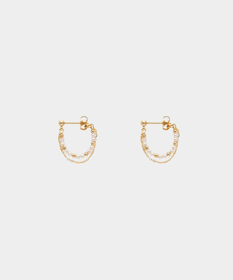 Pearl Chain Hoop Earrings - Gold