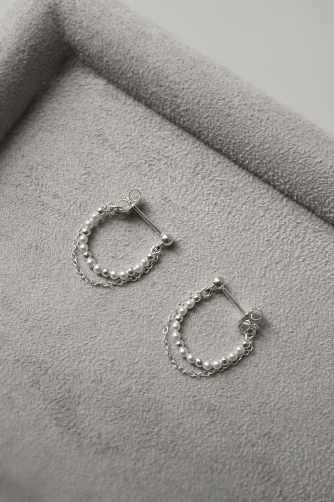 Pearl Chain Hoop Earrings - Silver